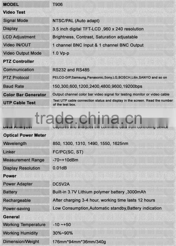 CCTV Tester L-T906 Optical Power Meter Ethernet cable testing 3.5'' TFT-LCD 960x240 Resolution DC12V1A PTZ Control&Video Input