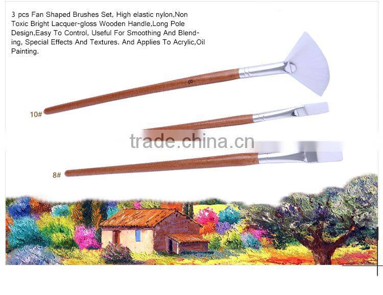 Bulk Cheap 3 Pcs Set Long Handle White Nylon Hair Fan Shaped Artist Oil And Acrylic Paint Brush