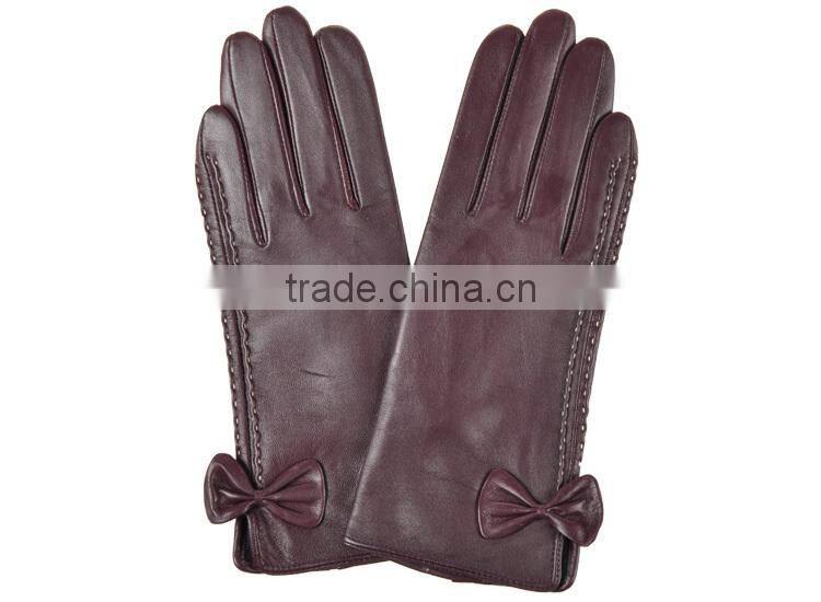Simple and lovely purple threading bowknot threading girls sheepskin leather glove
