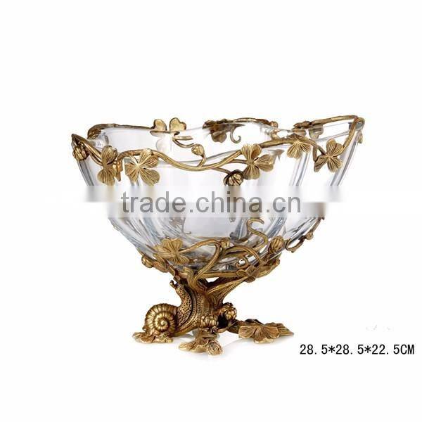 Ornate Crackle Crystal Footed Bronze Mounted Planter, Hand Engraved Crystal Vase With Bronze Casting Dragonfly Base