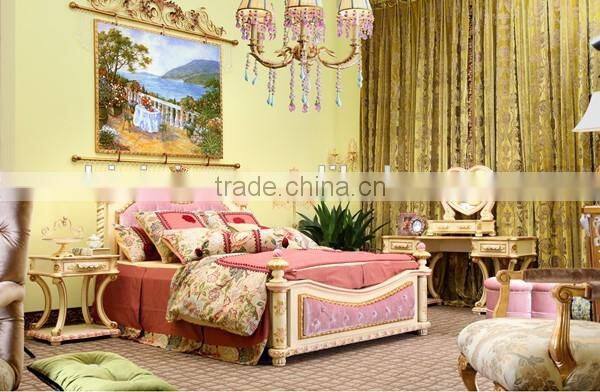 Victoria Style Carved Wooden Children Bed,Elegant Pink & White Painted Girl's Bed,Noble Bedroom Furniture Kid's Bed Set