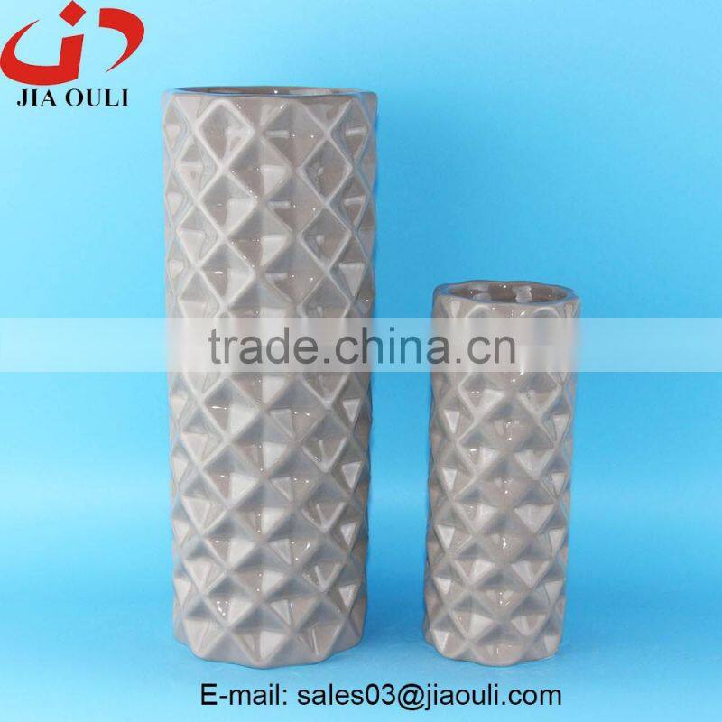 Tall Geometry square Ceramic Vase white glazed with wash