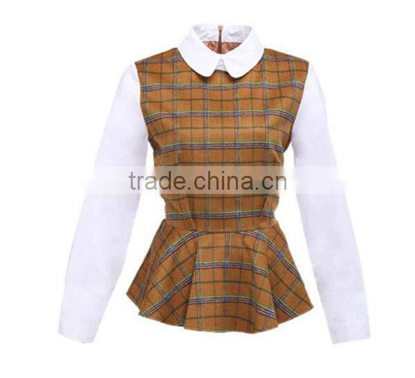 2015 Fashion cotton check chiffon ruffle bottom long sleeves direct manufacturer high quality big sleeve blouse