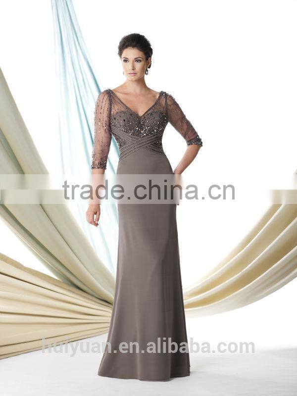 beautiful deep v neck sleeve chiffon evening long dress prom