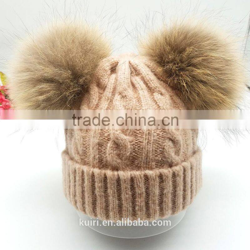 Stylish kids Double Balls Winter Warm Wholesale Beanie Hats with raccoon fur ball