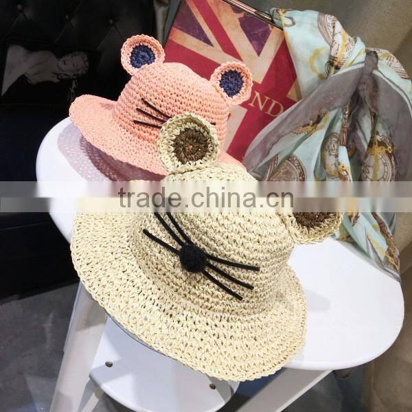 2016 new stylish baby girls and boys cute mickey handmade straw hat Kids sunhat