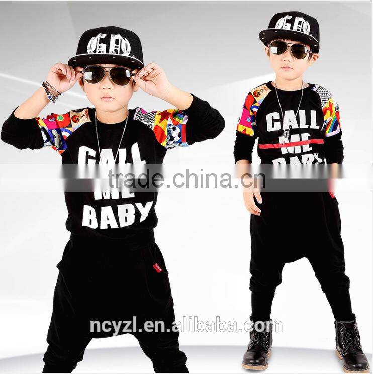 custom wholesale handsome 95% cotton 5% polyester kids winter and printing boys dance costume hoodies and harem pants sets