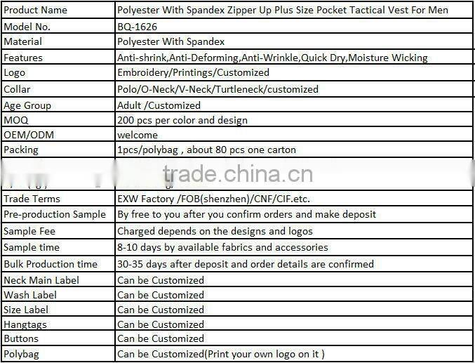 Polyester With Spandex Zipper Up Plus Size Pocket Tactical Vest For Men