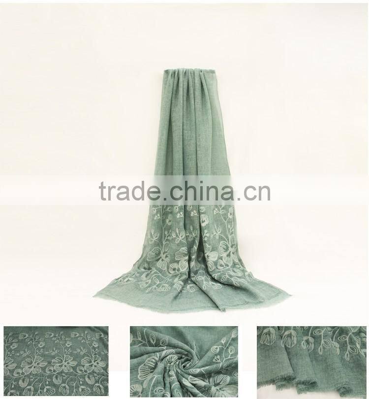 New fashion custom embroidery flower plain dyed linon viscose hijab scarf