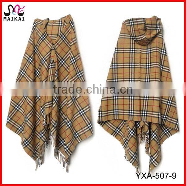 2015 top selling plaid checked winter acrylic cashmere poncho