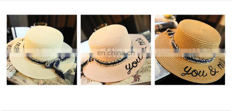 Letters Flattop Straw Hat Bowknot Hat Solar Beach Hat