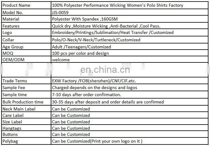 100% Polyester Performance Wicking Women's Polo Shirts Factory