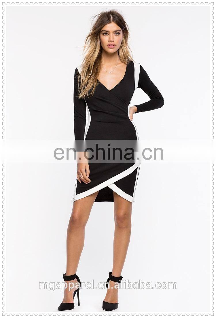 china supplier fashion long sleeves women sexy black bodycon wrap dress