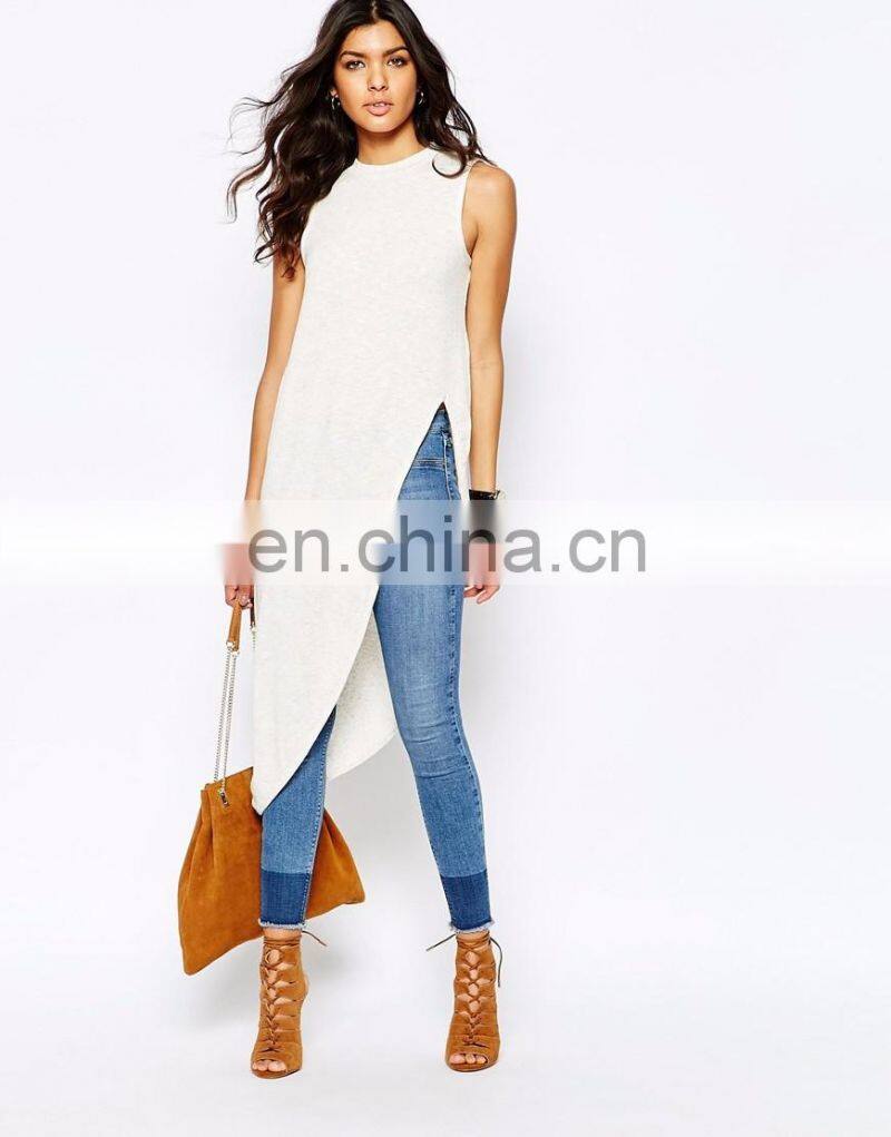 Moda Asymmetric hem ropa mujer algodon t-shirt in split