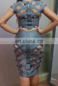 Amigo 2017 two pieces beaded bandage dress suit gray sexy cut out evening dresses with cap sleeve top and midi skirt for ladies