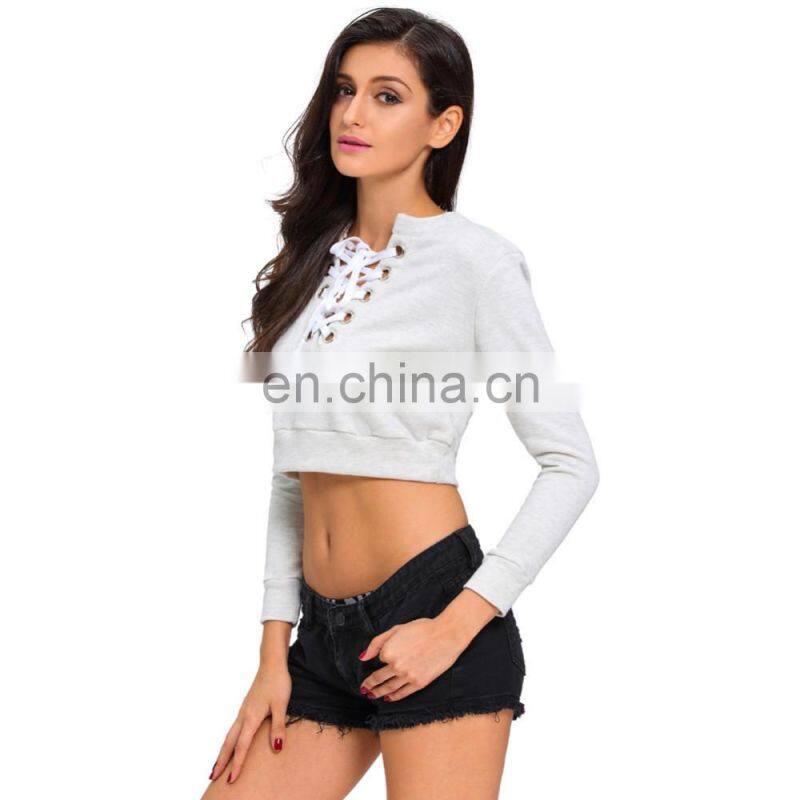 2016 New Design Deep V-neck Lacing Collar Crop Top Women Girls T-shirt