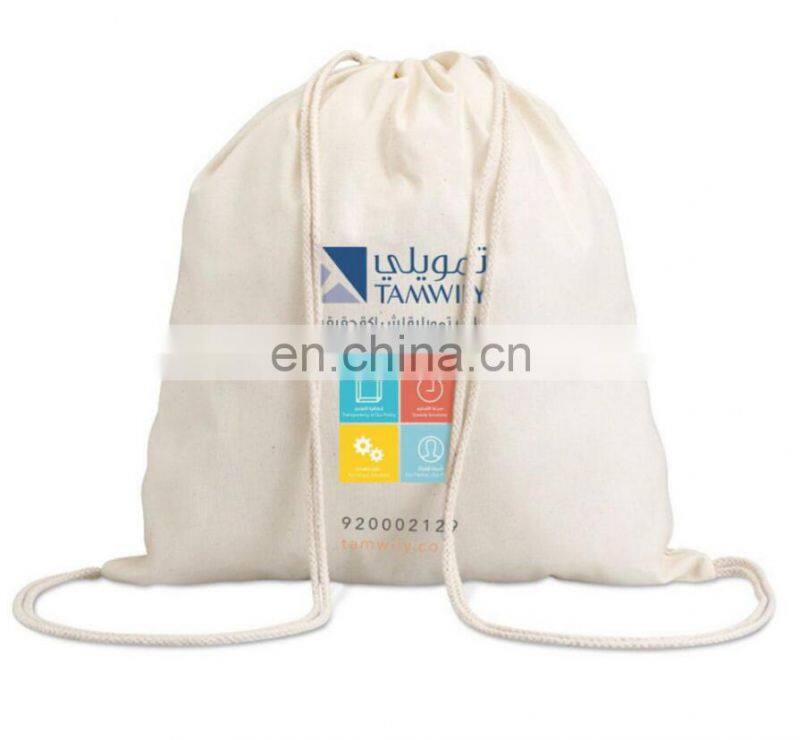 plain white blank organic cotton sport gym sack rope drawstring bag