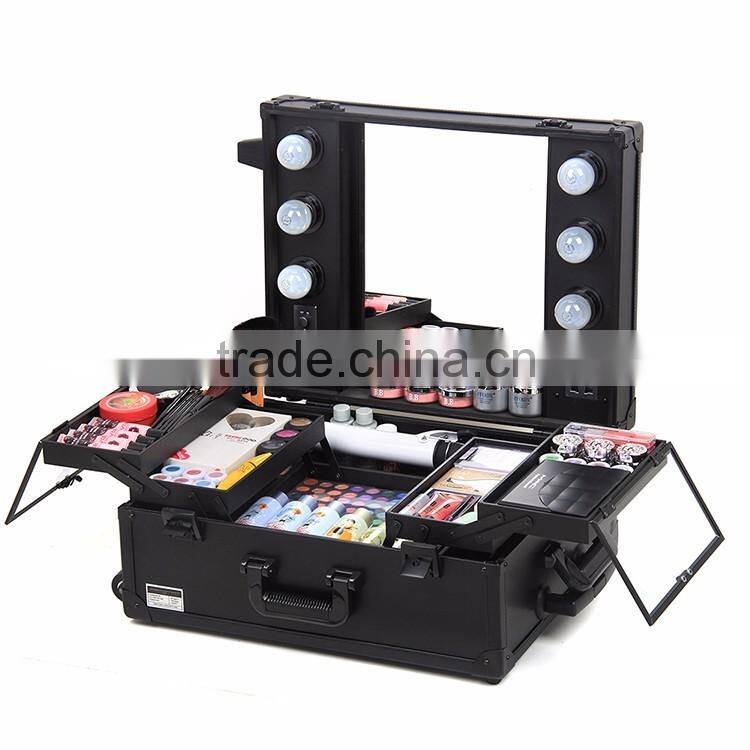 Hot product!!! PVC lighted makeup case with lights rolling makeup train case with light mirror