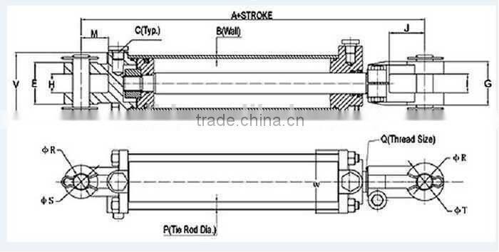 Tie Rod Hydraulic Cylinder Ram TR2008 ASAE 2'' bore 8'' stroke