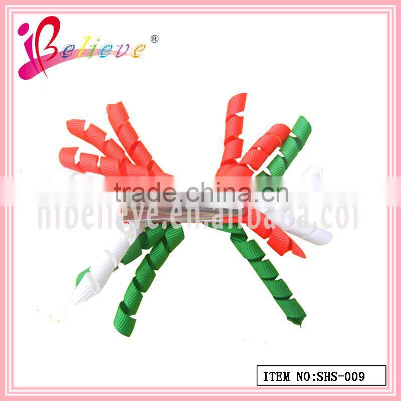 2014 Hot sale no fade colourful handmade frizzy dot ribbon christmas hair barrette (SHS--008)