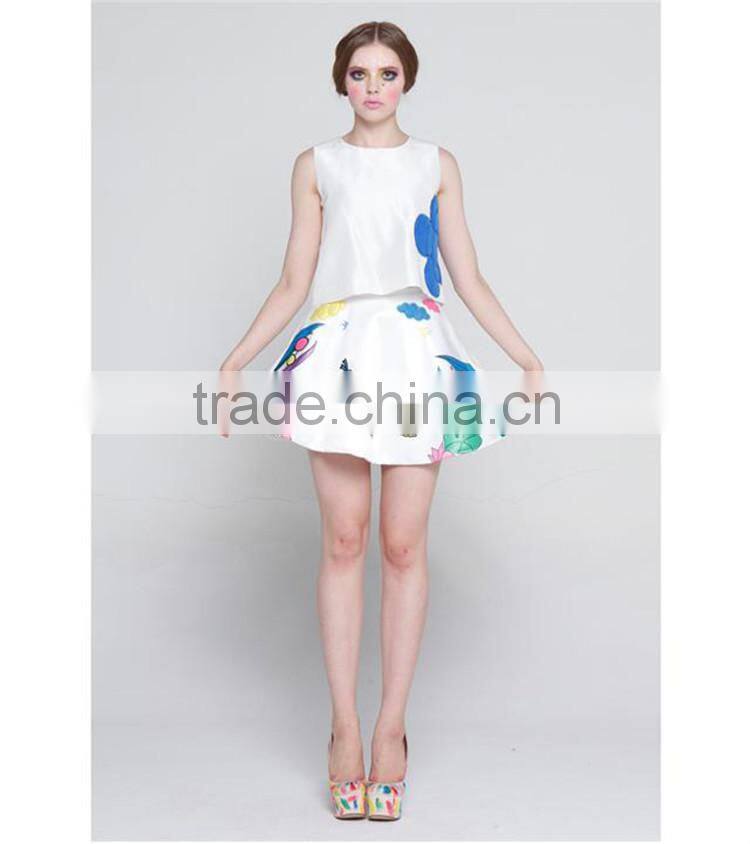 2014 Famous brand early autumn fashion style sleeveless swan printed women 2 pieces dress suits wholesale I17063