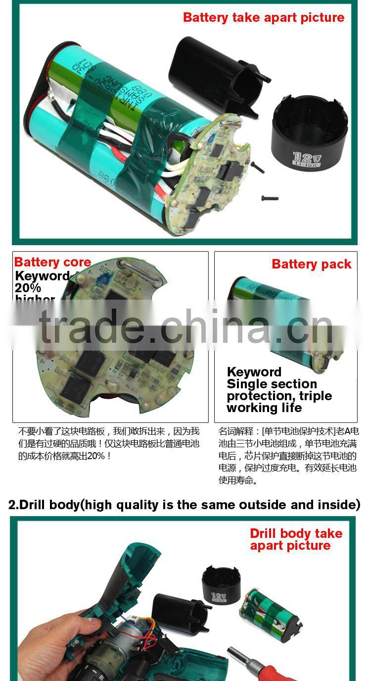 12V double speed Li-ion battery industrail grade waterproof electric drill charged electric drill,+1 battery+1charger