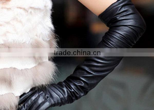 2014 Women Fahion Black Leather Long Glove for Party