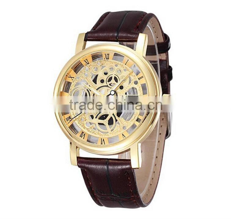 Charming Silvery Color Black Leather Strap Business Gift Genuine Skeleton Watch