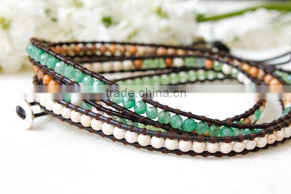 Gold plated Stripe Leather Bracelet with colorful beads