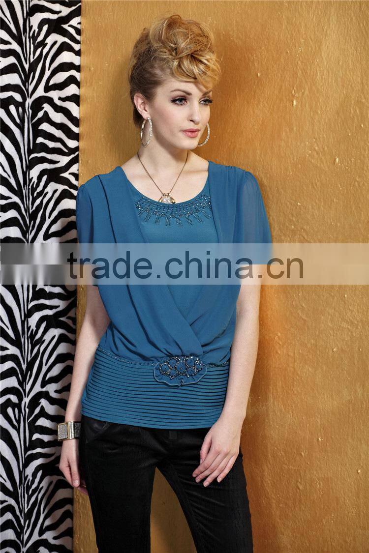 Round collar show thin short sleeve fashion chiffon blouse