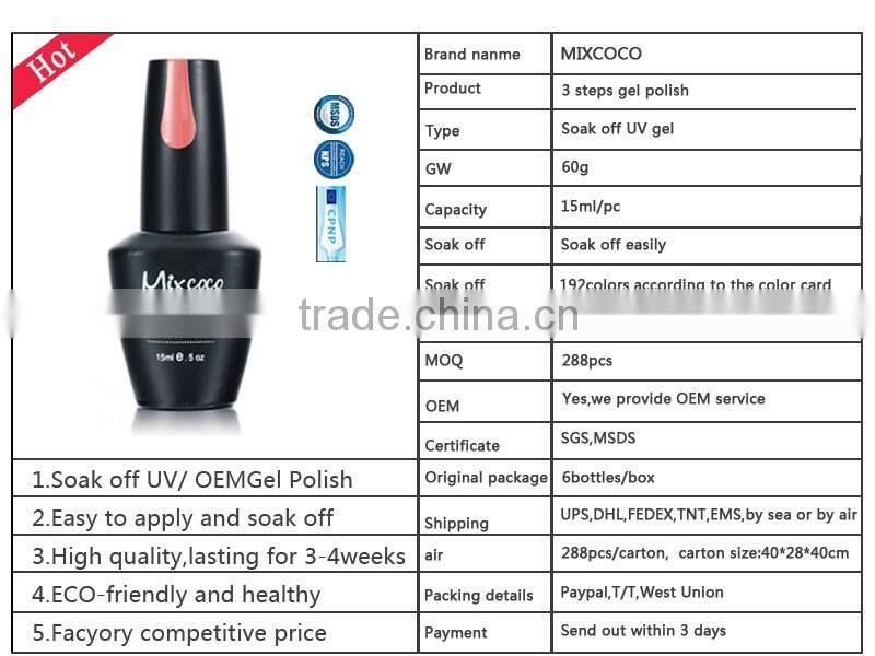 2016 Mixcoco soak off Gel nail polish, UV gel polish,LED gel polish/hot sale factroy supplier gel polish/fashion makeup products