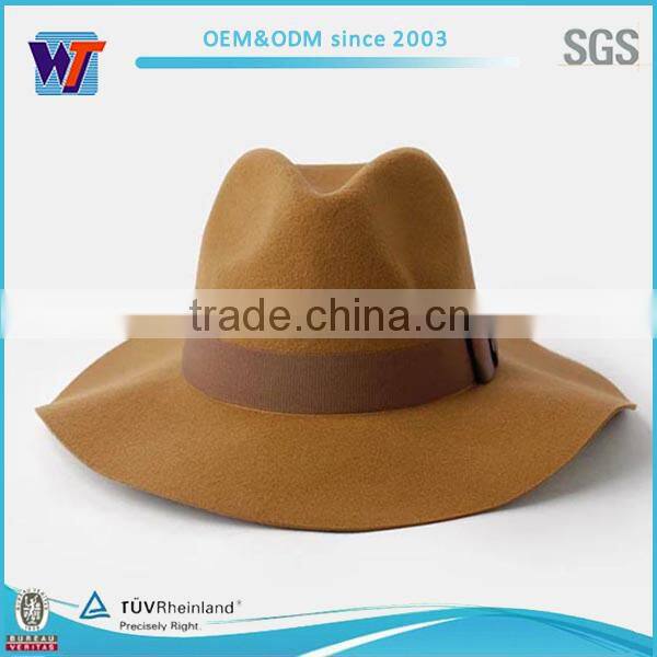 Red satin ribbon band wool felt wide brim fedora hat