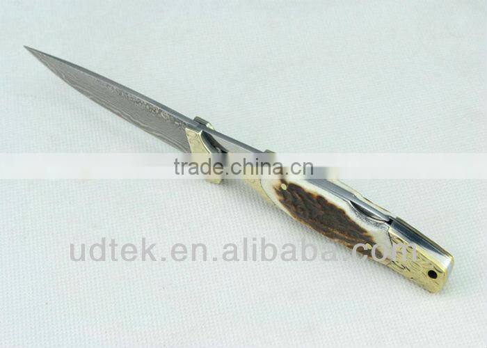Antler + Brass Handle OEM Damascus Steel Folding Knife Collection Knife Hand Tool UDTEK01304
