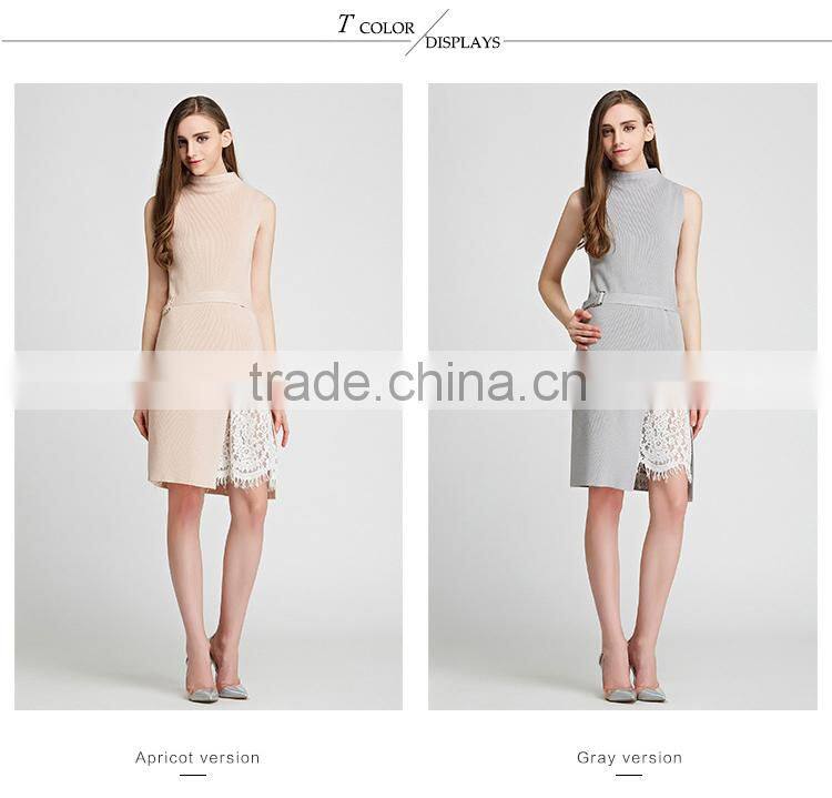 Fashion Lady Sleeveless Knitting Dress 2016 Summer Woman Thin Long Sweater Pullover Femme Robe De Tricot Lace Patchwork
