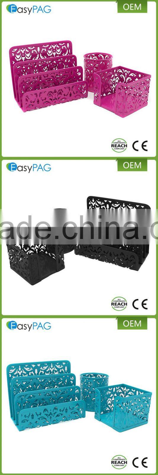 Multicolor embossing mesh card letter tray metal magnetic pen holder office set desk organizer