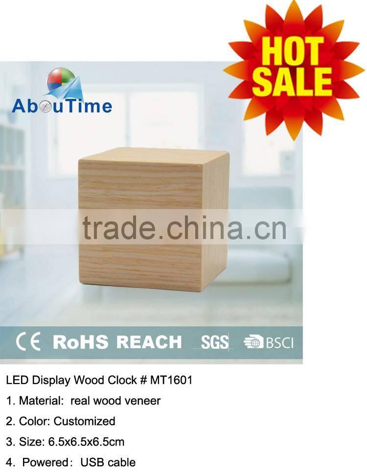Modern cheap cube wooden LED digital alarm clock for home decoration