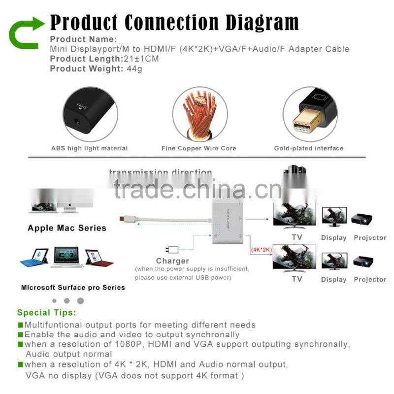 VOXLINK Mini DisplayPort turn VGA / Audio / HDMI 4K 3in1 adapter cable black