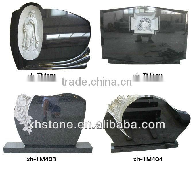 European Style Natural Stone Hand Carved Flower Etching Black Granite Tombstone (24 years factory)
