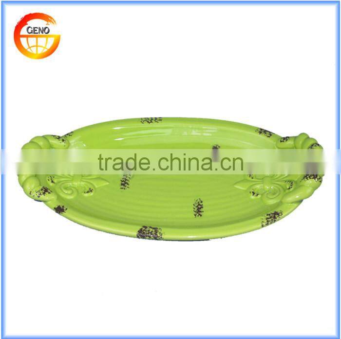 High quality ceramic round green glaze fruit plate