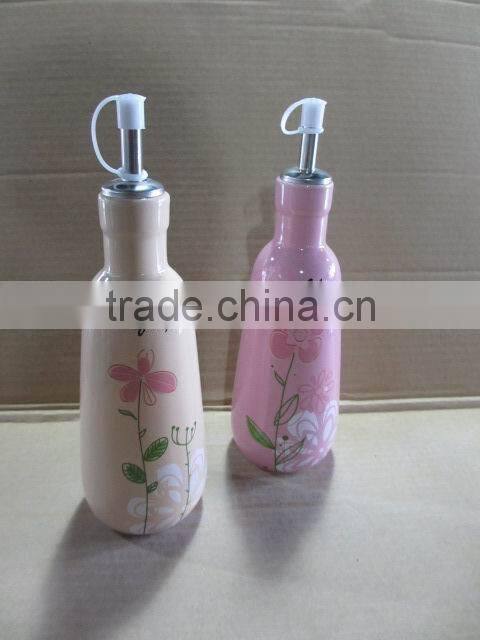 ceramic cream brown glaze flower design oil olive and vinegar bottle set