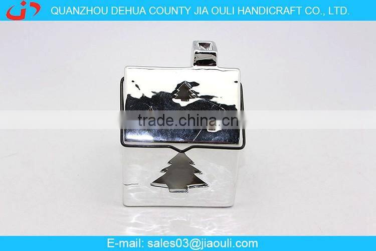 plating silver ceramic house shape hurricane lamp for decoration