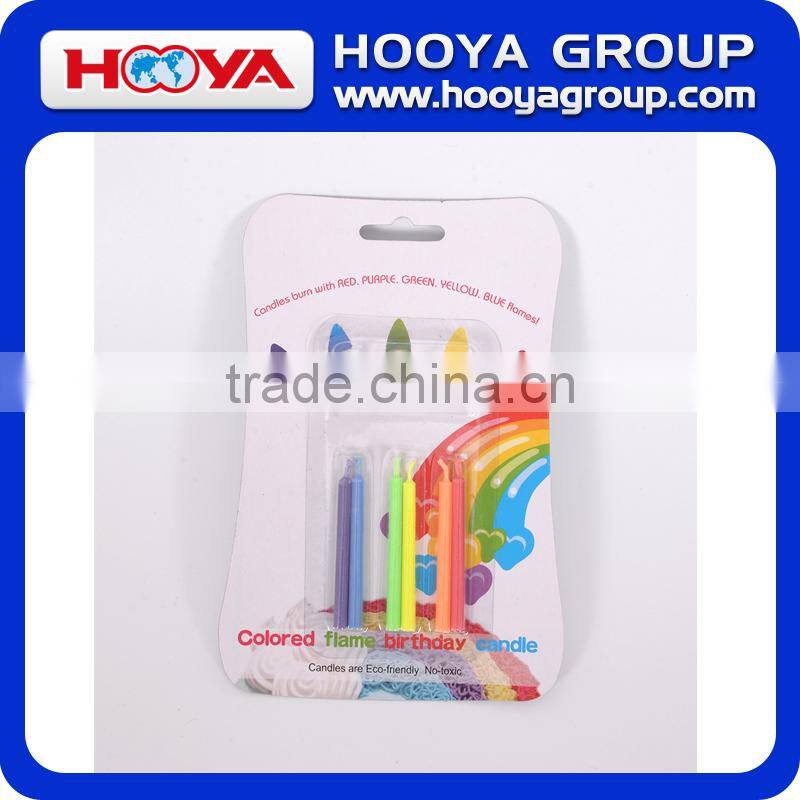 Colored flame birthday candle with red purple green yellow blue flames