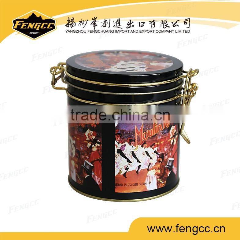 cheap customized coffee food cylinder tin box with steel wire buckle