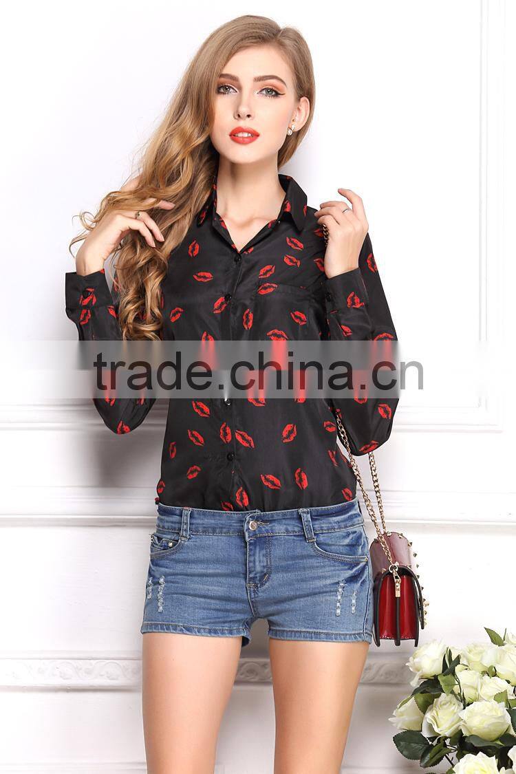 2015 Newest Hot sell Best summer fashion Lip prints t shirt ladies blouse designs women shirt with long sleeve