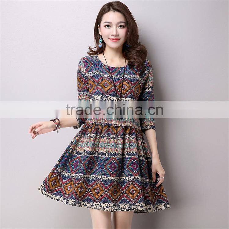 2017 new design Large size fashion ladies Retro national wind style ladies dress Cotton printed dress