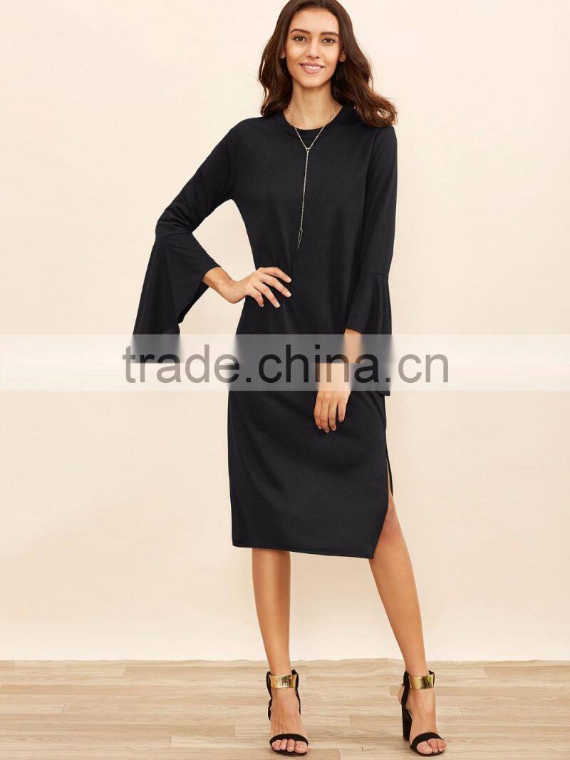 Black Bell Sleeve Split Hem Tee Dress Polyester Spandex Long Sleeve Round Neck Casual Midi Dress