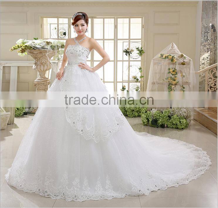 Factory Direct Sales Luxury Lace Wedding Dress Big Tail Diamond Bra Topi Sweet Puff Skirt Sequins Wedding Dress
