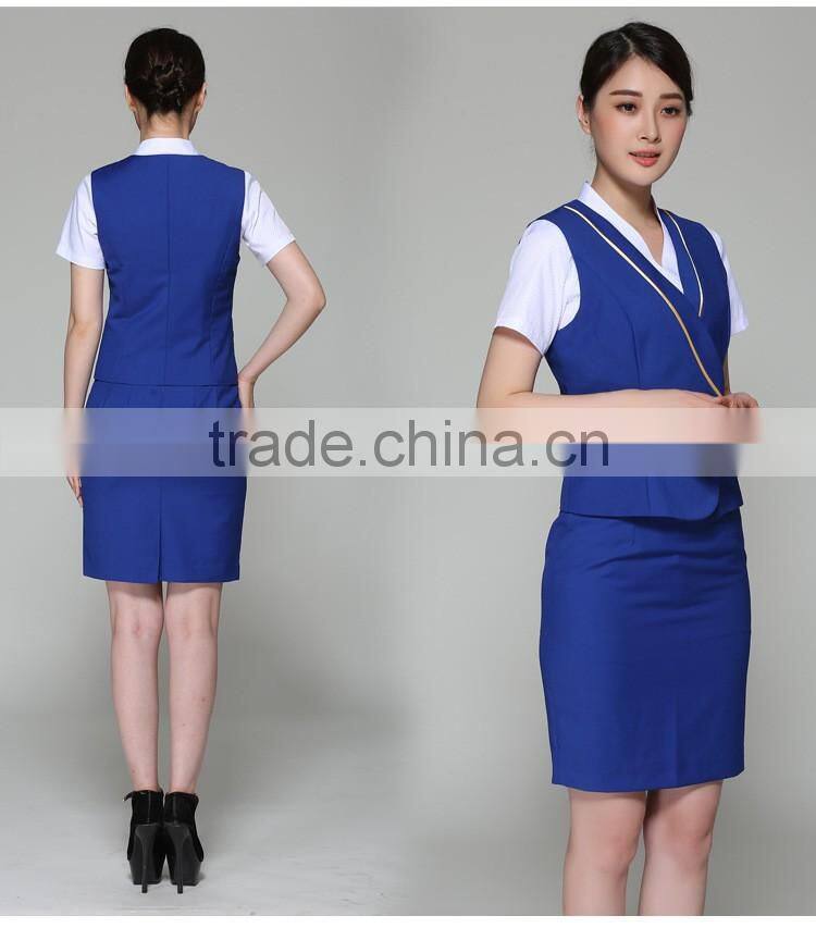 Juqian Custom hot fashion short sleeve Blue Formal Airline Stewardess Uniform for Women Wholesale
