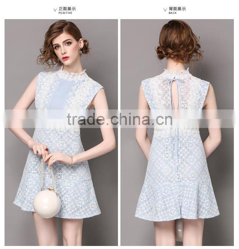 Dresses 2017 summer high grade lace neck collar sleeveless elegant lace stitching design backless party dress for women