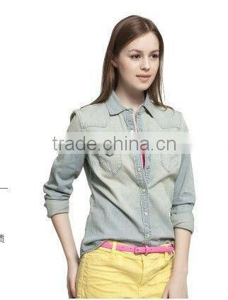 2016 fashion slim fit long sleeves washed denim shirt for girls with two pockets on the chest